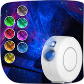 White LED night light with colorful light display on a starry sky background