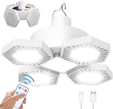 White ceiling fan with remote control and USB cable on a white background