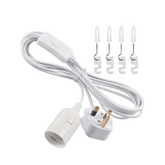 White electrical cable with plug and hooks on a white background