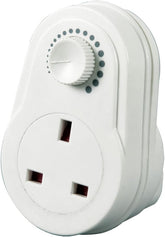 White electronic device with a dial and socket on a white background