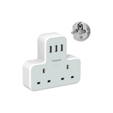 White multiplug with multiple sockets and USB ports on a white background