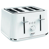 White toaster with chrome accents on a white background