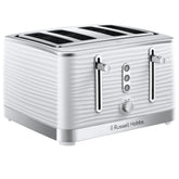 White toaster with metallic accents on a white background, featuring the Russell Hobbs brand.