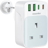 White travel adapter with multiple ports on a white background