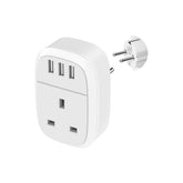 White travel adapter with multiple ports on a white background