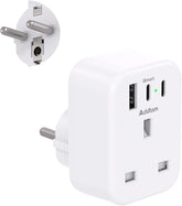 White travel adapter with multiple ports on a white background