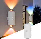 White wall-mounted light fixtures with colorful lights on a gradient background