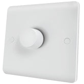 White wall switch with two round buttons on a white background