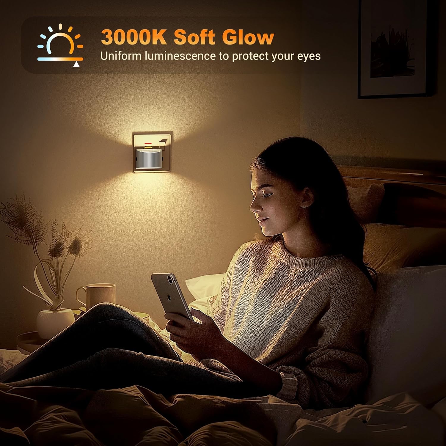 Woman using a smartphone in a dimly lit room with a wall light labeled '3000K Soft Glow'.