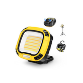 Yellow and black work light with accessories on a white background