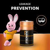 battery with a cartoon rabbit character on a black background, emphasizing leakage prevention.