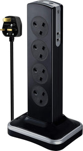 Masterplug Eight Socket Surge Protected Power Centre Extension Lead, 2 Metre, Black