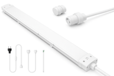 White LED strip light with connectors and plug on a white background