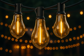 Three illuminated light bulbs on a string against a dark background with bokeh lights.
