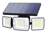 Solar-powered outdoor light fixture with three LED lights on a white background