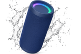 Blue waterproof speaker with colorful light on a white background