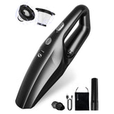 Black handheld vacuum cleaner with attachments on a white background