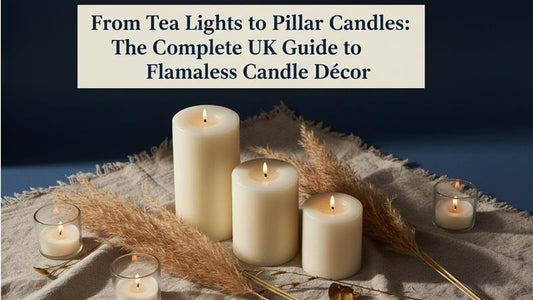 Ivory pillar candles with pampas grass and votives on linen, deep navy background, blog title overlay.