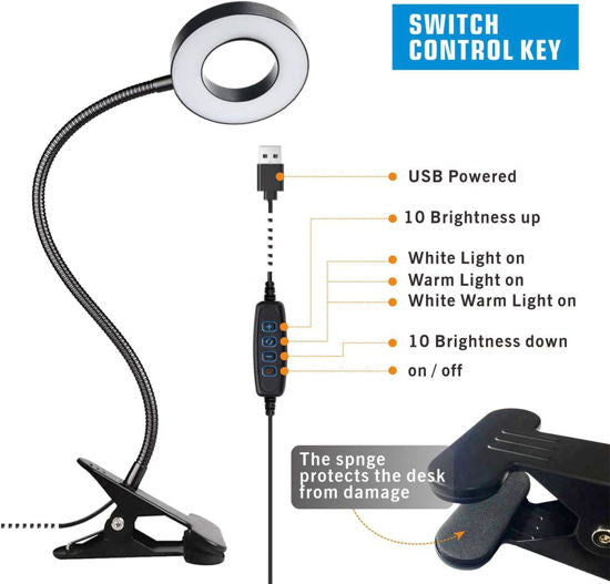 Versatile Clip-On LED Lamp for Reading Studying, and Gaming - 3 Color Modes, Eye-Care Desk Light for Bed - Black