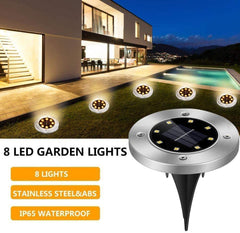 Solar LED pathway lights illuminating a garden pathway at night

