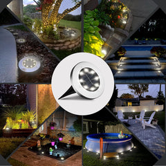 Solar LED pathway lights illuminating a garden pathway at night

