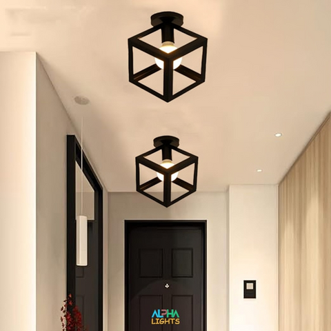 Close-up of the industrial metal frame with geometric cube design

