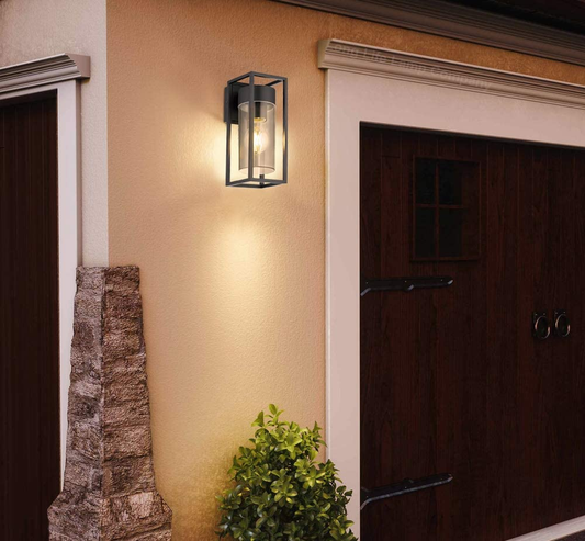 Outdoor Modern Wall Light Lantern Clear Diffuser LED, E27 Screw Bulb Supported, Black