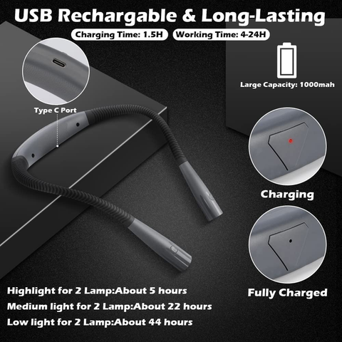 Neck Reading Light - Rechargeable Light Up To 80+ Hrs, 3 Colors & 6 Brightness Levels - thelights4u.com