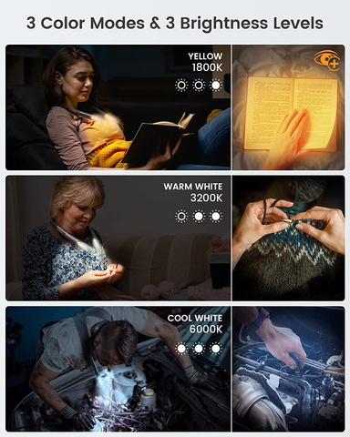 Neck Reading Light - Rechargeable Light Up To 80+ Hrs, 3 Colors & 6 Brightness Levels - thelights4u.com