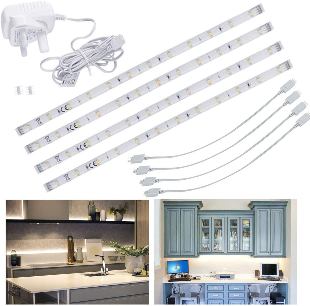 LED Under Kitchen Cabinet Strip Lights Day Light, Plug in Light Bars for Shelf Closet Showcase |Cool White, 4 x 30cm - thelights4u.com