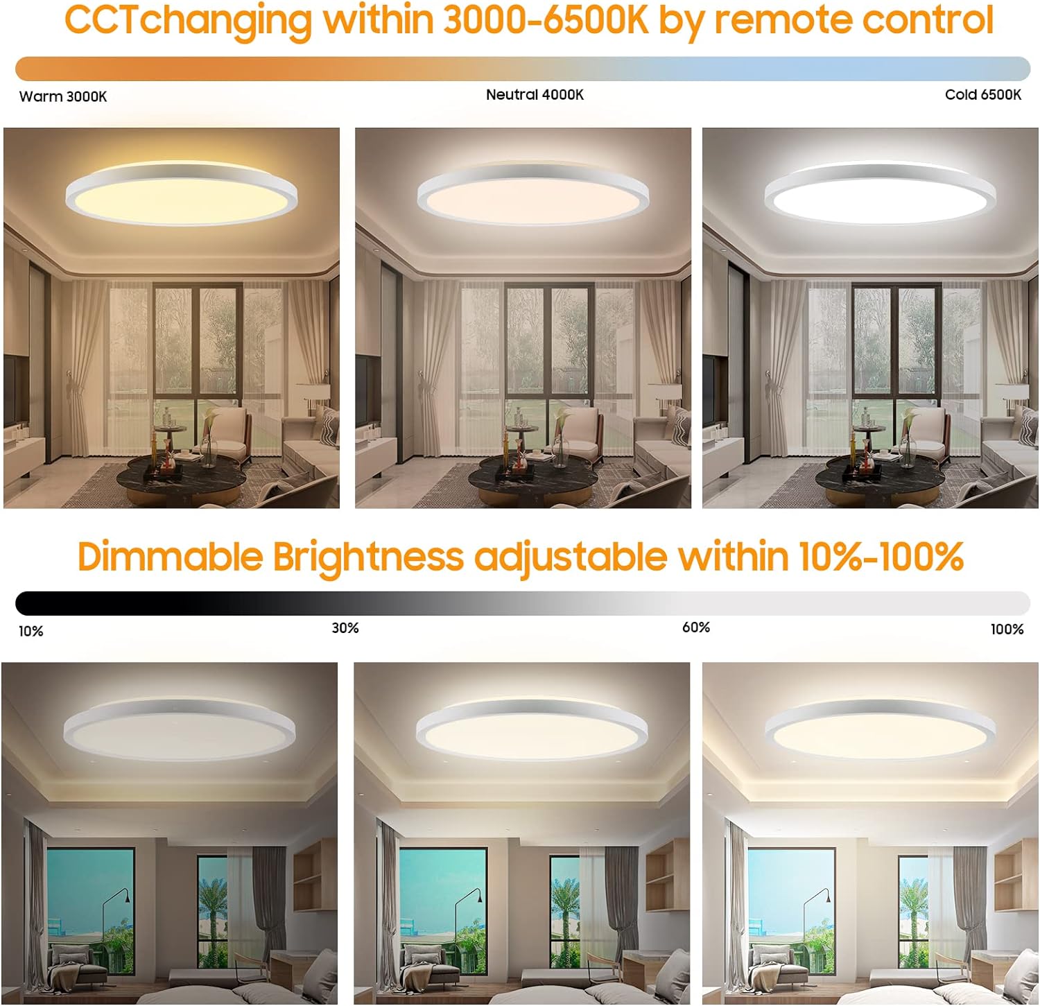 24W RGB Dimmable LED Ceiling Light, 12", Remote, 3000-6500K