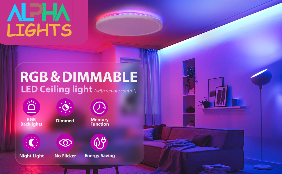 24W RGB Dimmable LED Ceiling Light, 12", Remote, 3000-6500K