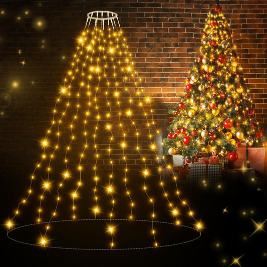Christmas Tree Lights with Ring, 2m*10 Lines 200 LEDs Fairy Lights Battery Operated, Waterproof Outdoor lighs