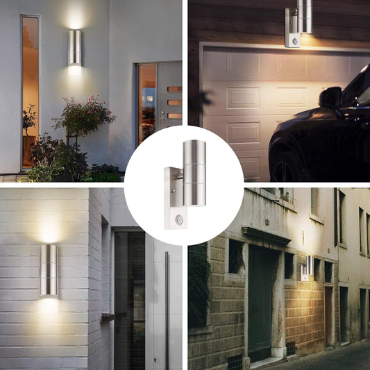 Stainless Steel Up Down Wall Light with PIR Sensor, Mains Powered Exterior Outdoor Wall Lamp, IP44
