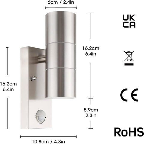 Close-up of the stainless steel wall sconce with LED bulb