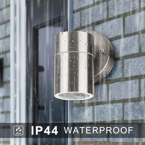 Side view of the modern stainless steel outdoor wall light fixture

