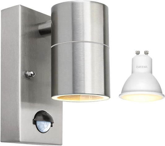 Outdoor Motion Sensor Wall Lights, Downward Outside Lighting Mains Powered, IP44 Silver Stainless Steel