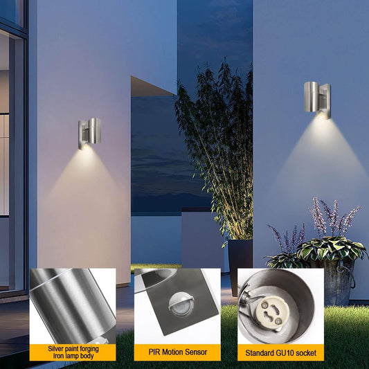 Outdoor Motion Sensor Wall Lights, Downward Outside Lighting Mains Powered, IP44 Silver Stainless Steel