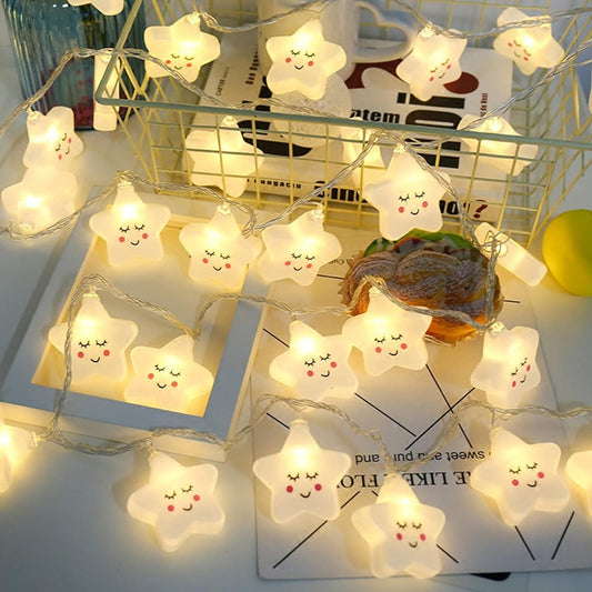 Smiley Star String Lights, 3M 20 LED Warm White Fairy Lamp, Battery powered Indoor Decoration