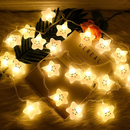 Smiley Star String Lights, 3M 20 LED Warm White Fairy Lamp, Battery powered Indoor Decoration