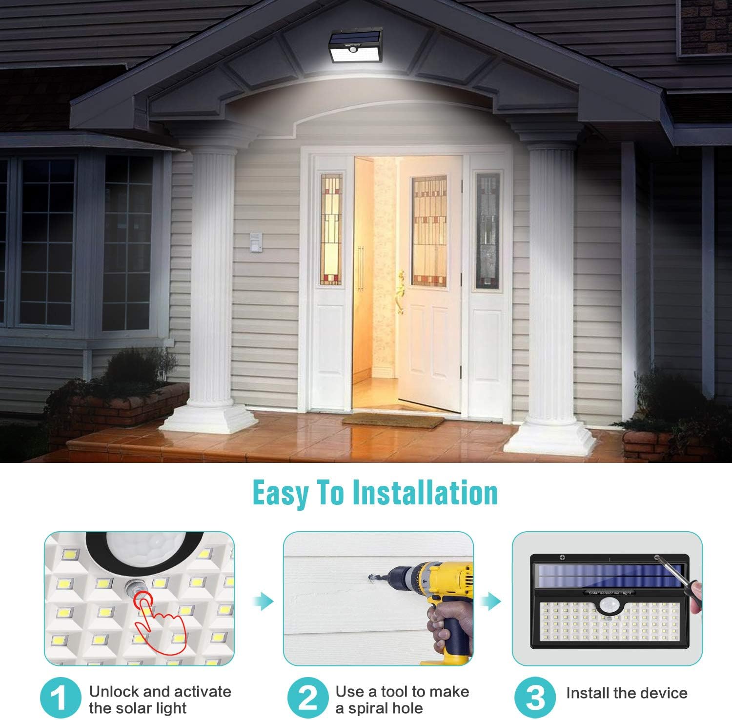 Solar-Powered Security Light - Motion Sensor, IP65 Waterproof 78 LEDs