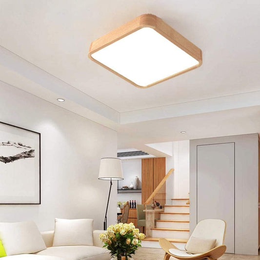 24 Inch LED Flush Mount Ceiling Lamp, 48W Dimmable Thin Modern Ceiling Light Fixture, Wood Edge Design Ceiling Light