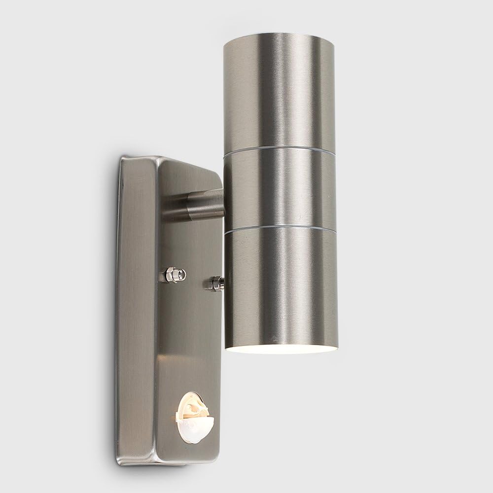 Modern Stainless Steel Up/Down Outdoor Security Wall Light - PIR Motion Sensor Detector - IP44 Rated