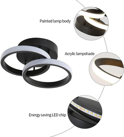 20W Black Double Circle LED Ceiling Light – 24×20cm 3 Colour LED Flush Mount Ceiling Light for Bedroom, Kitchen, Hallway & Indoor Spaces - Bring a Clean, Contemporary Glow to Everyday Spaces