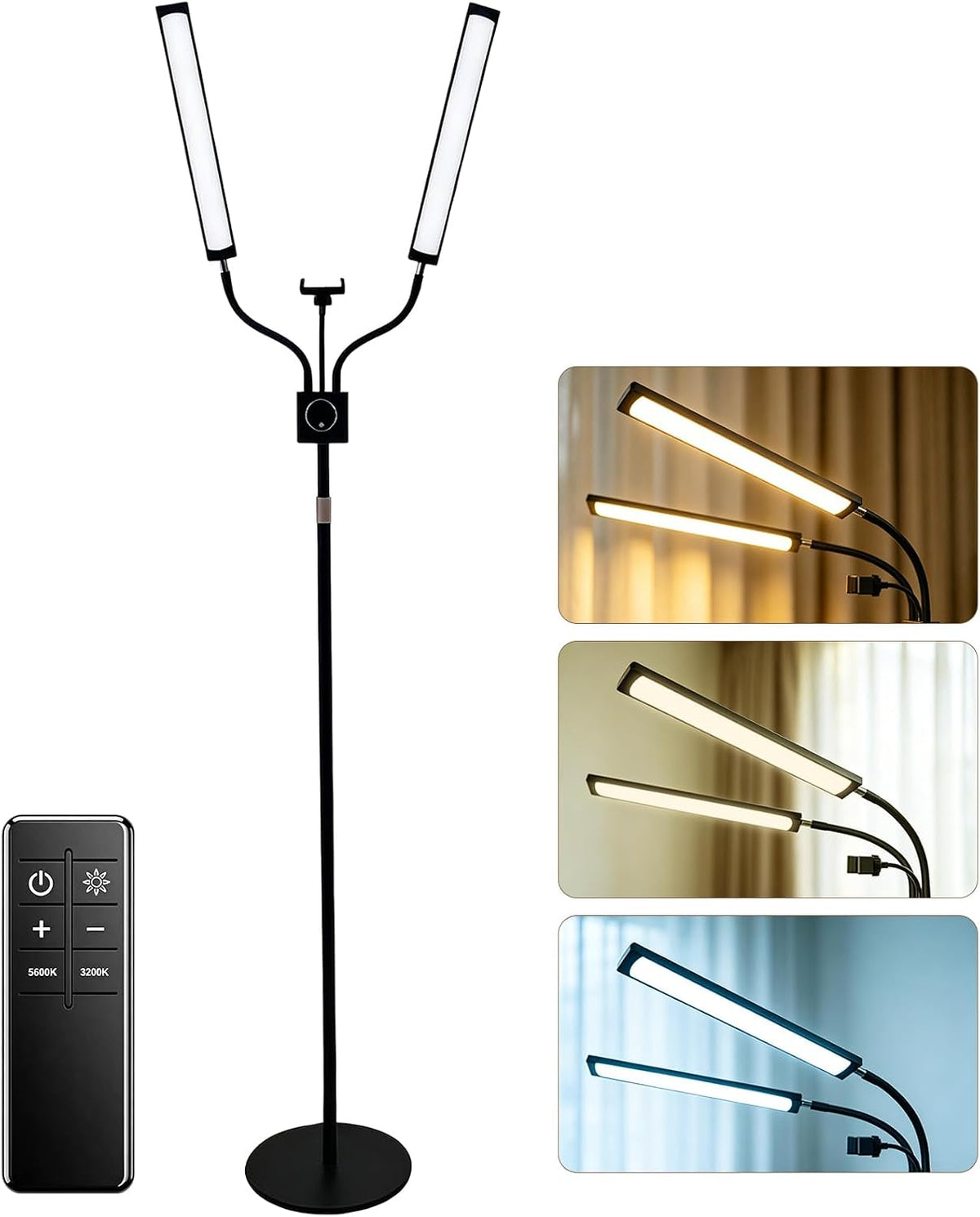 Beauty Light with 2 Arms | 3 Color LED Lash Light with Remote Control 360° Adjustable Floor Fill Lamp with Phone Holder for Photograph, Beauty, Tattoo
