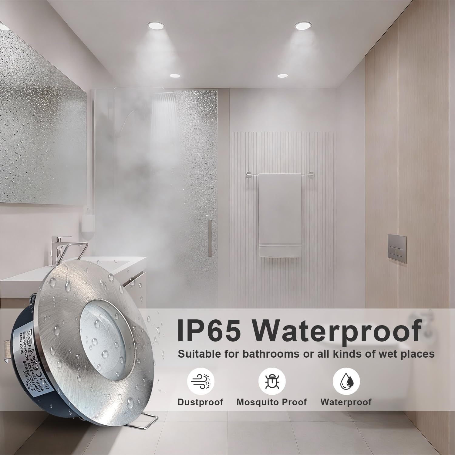 LED Downlights 5W, GU10 IP65 Bathroom Spotlights 3000K Warm White, 430LM Waterproof Recessed Ceiling Lights for Shower, Kitchen, Cut Out 68-75Mm 4 Pack