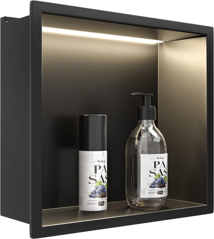 Wall Recess Shower Stainless Steel with LED Strip Light, 90 Cm X 30 Cm, Waterproof, No Tiles Required, Bathroom Storage, Niche, Matt Black