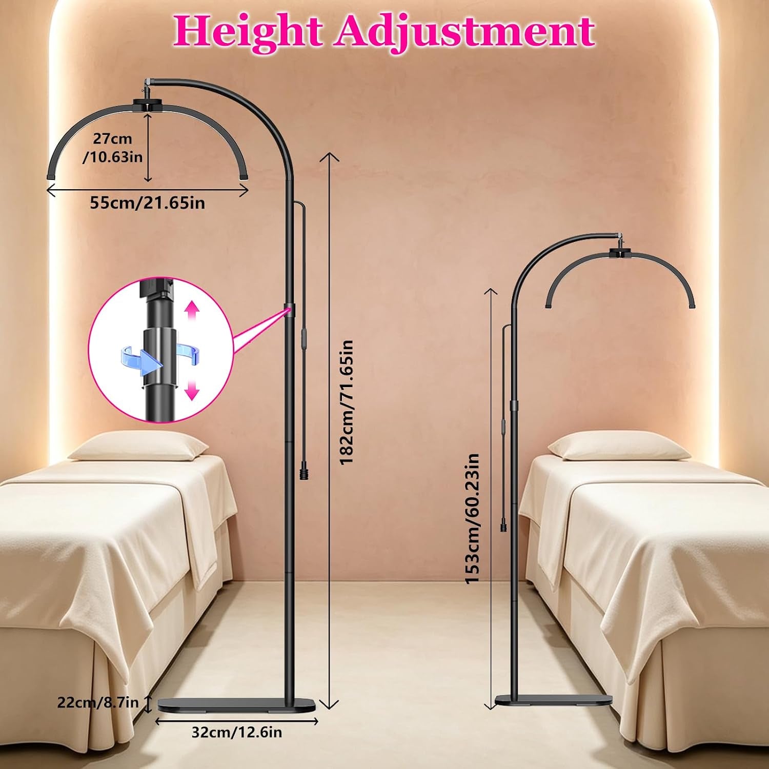 Half Moon Light for Eyelash Tech, Lash Lamp Eyelash Extensions | Professional Dimmable LED Floor Light with Phone Holder, for Esthetician,Nail Art, Beauty, Tattoo, Skincare Salon