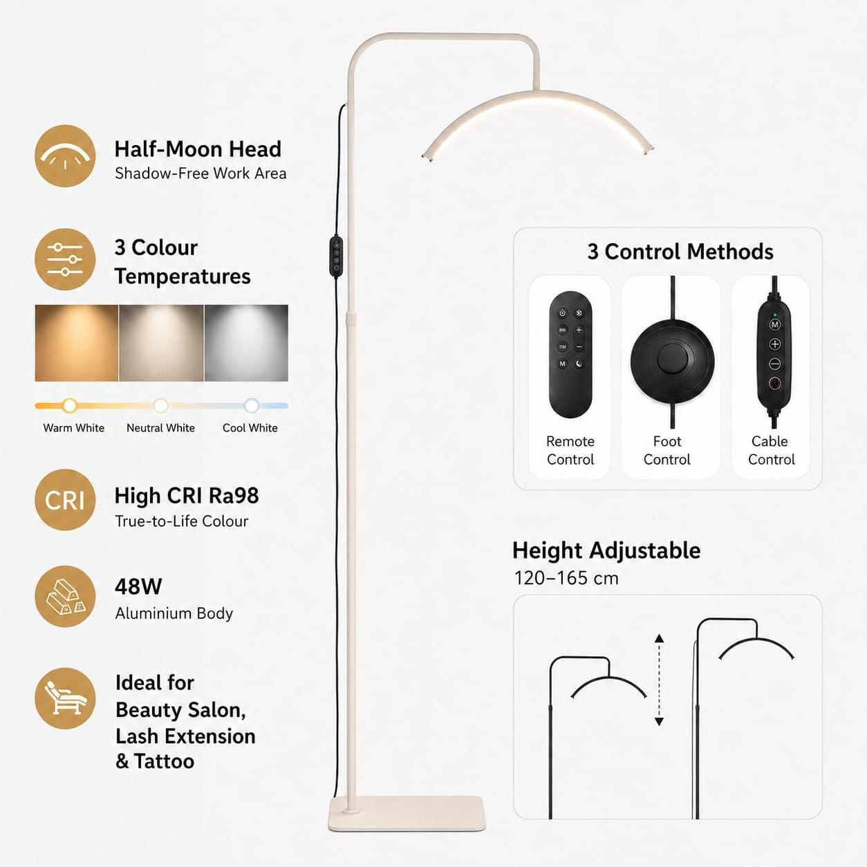Half Moon Lamp 48W Lash Light,Dimmable Beauty Salon Lights | Beauty Salon Lights Floor Standing,Tattoo Lights,Lash Light,Led Arc Floor Lamp for Eyelash Extensions, Skincare, Eyebrows