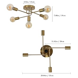 Modern Sputnik Chandelier Ceiling Light, 5 Lights Golden Semi Flush Mount Ceiling Lights, Adjustable Ceiling Light Fitting for Living Room Kitchen Dining Room Farmhouse Hallway